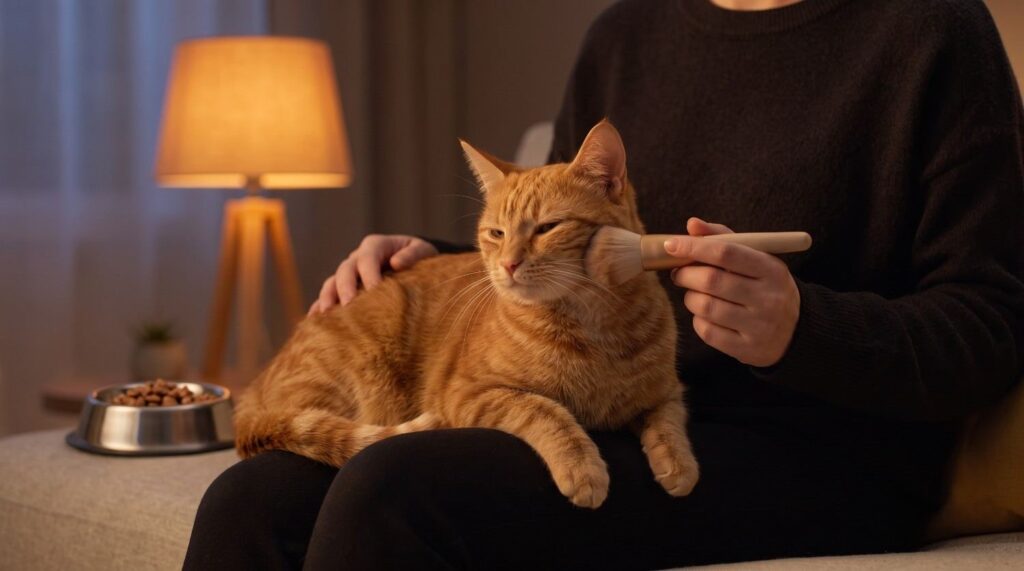 A person demonstrating how to take care of a cat by gently brushing a relaxed orange tabby cat on their lap at home.