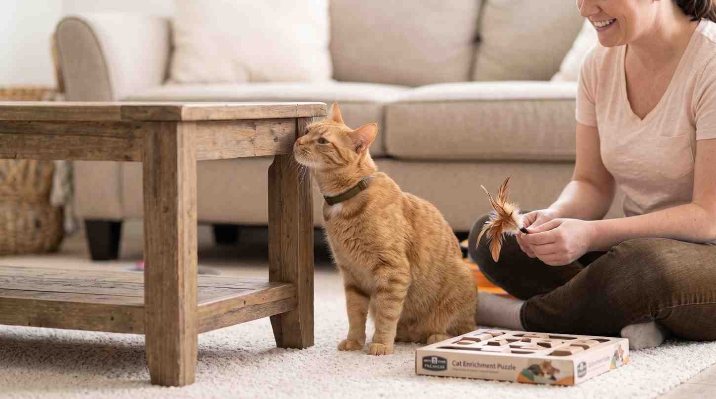 "A woman learning how to take care of a cat by engaging an orange tabby cat with a feather toy and an enrichment puzzle."
