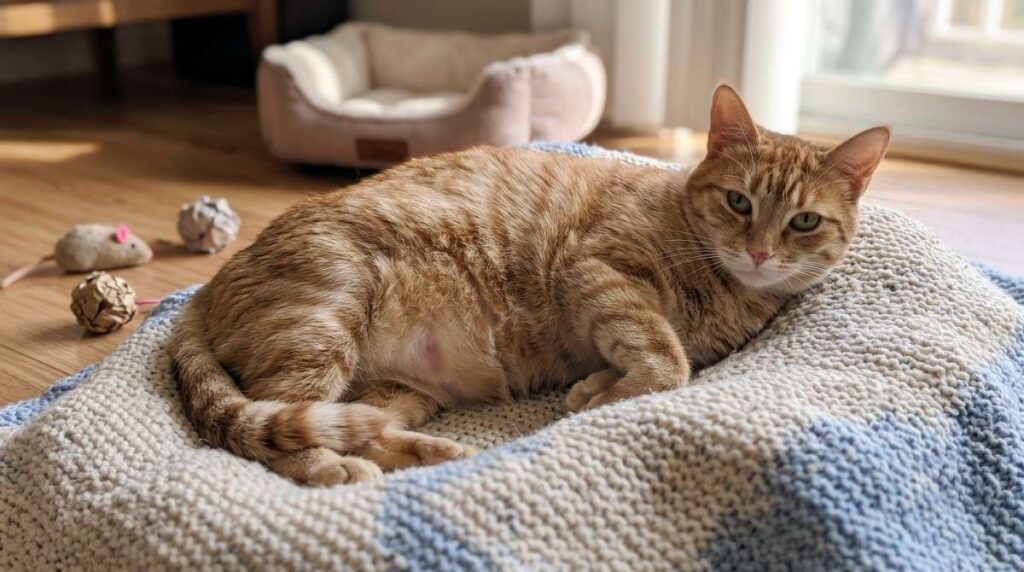 A healthy orange tabby cat rests comfortably on a soft pet bed in a bright home, illustrating How Long are Cats Pregnant? and what to expect during a cat's pregnancy.
