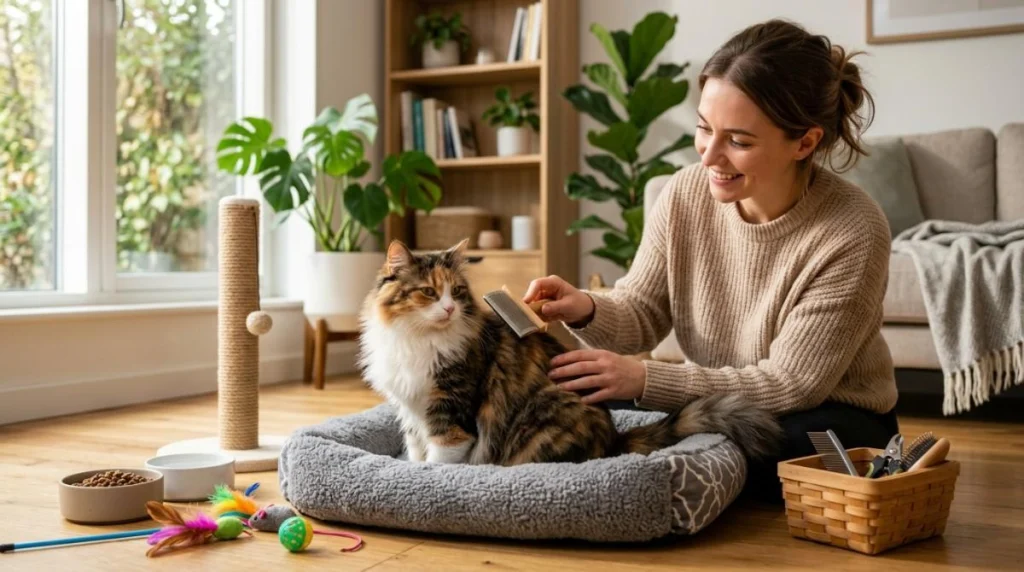 An owner brushing a relaxed long-haired cat at home as part of a regular grooming routine
