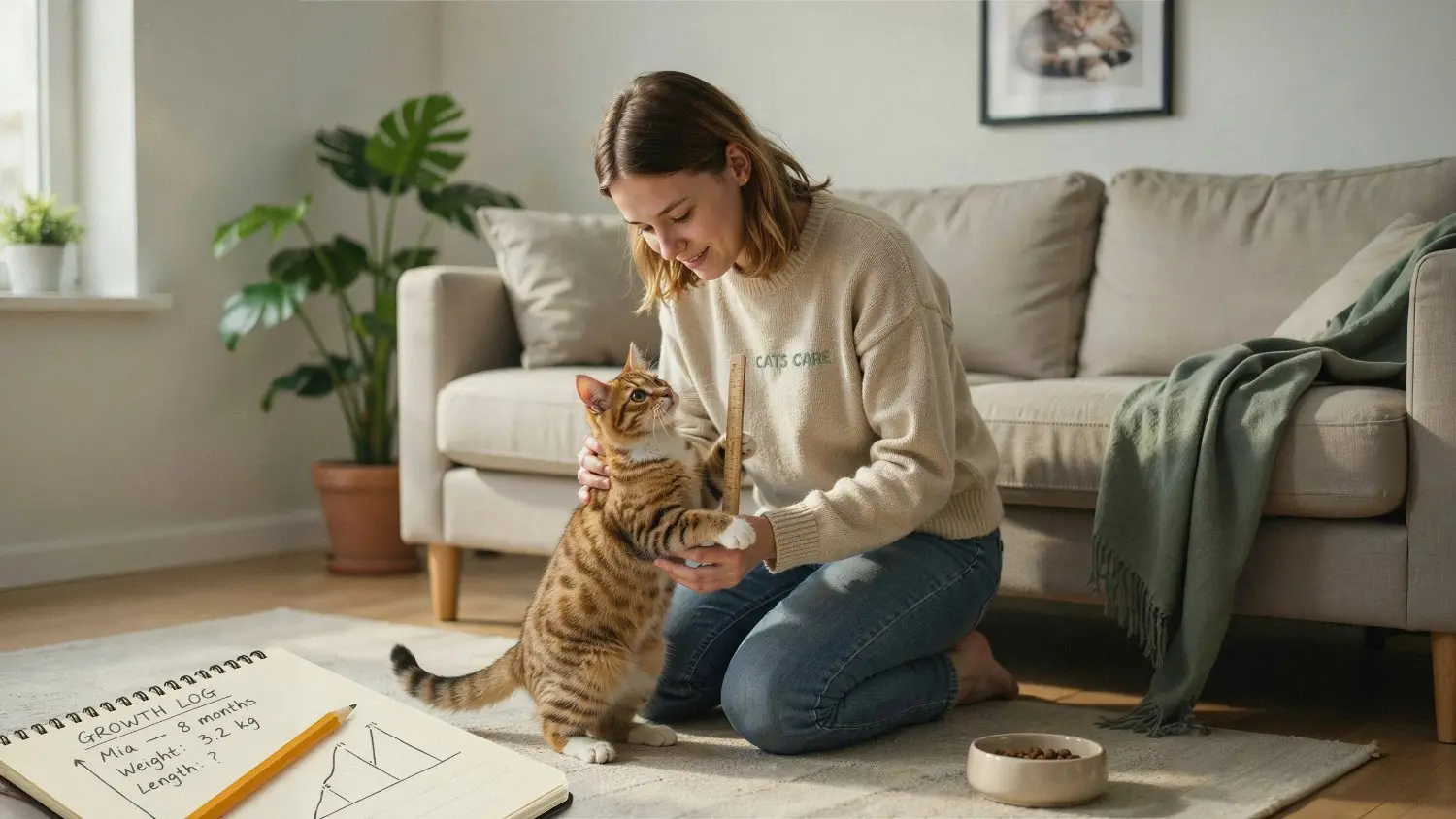 A woman kneeling on a living room floor uses a wooden ruler to measure the height of a standing tabby kitten, wondering when do cats stop growing as a growth log notebook sits nearby.