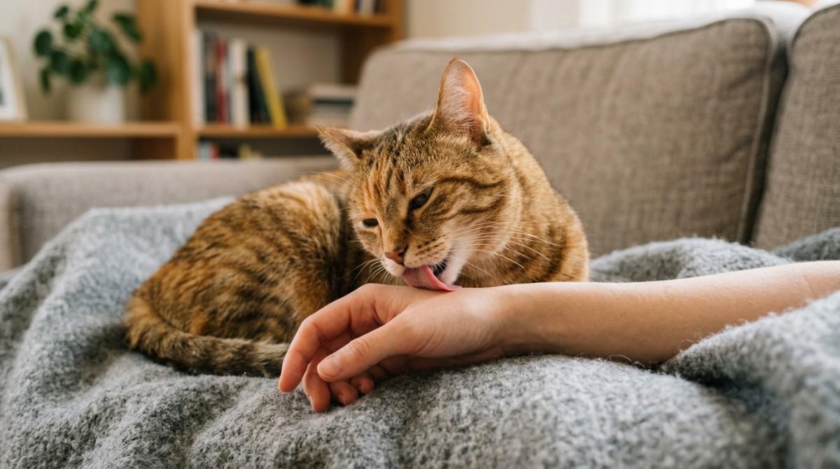 **Alt Text (with your keyword):** **Why Does My Cat Lick Me:** A brown tabby cat affectionately licking its owner's hand while relaxing on a cozy blanket in a living room, showing a common bonding behavior between cats and humans.