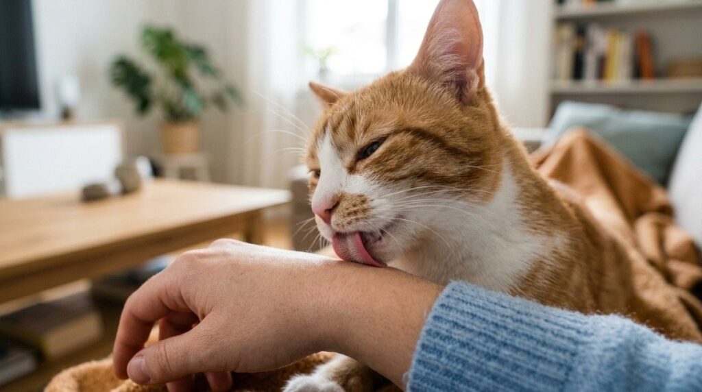 **Why Does My Cat Lick Me:** An orange and white cat gently licking its owner's hand on a cozy couch, illustrating affectionate feline grooming and bonding behavior in a comfortable home setting.