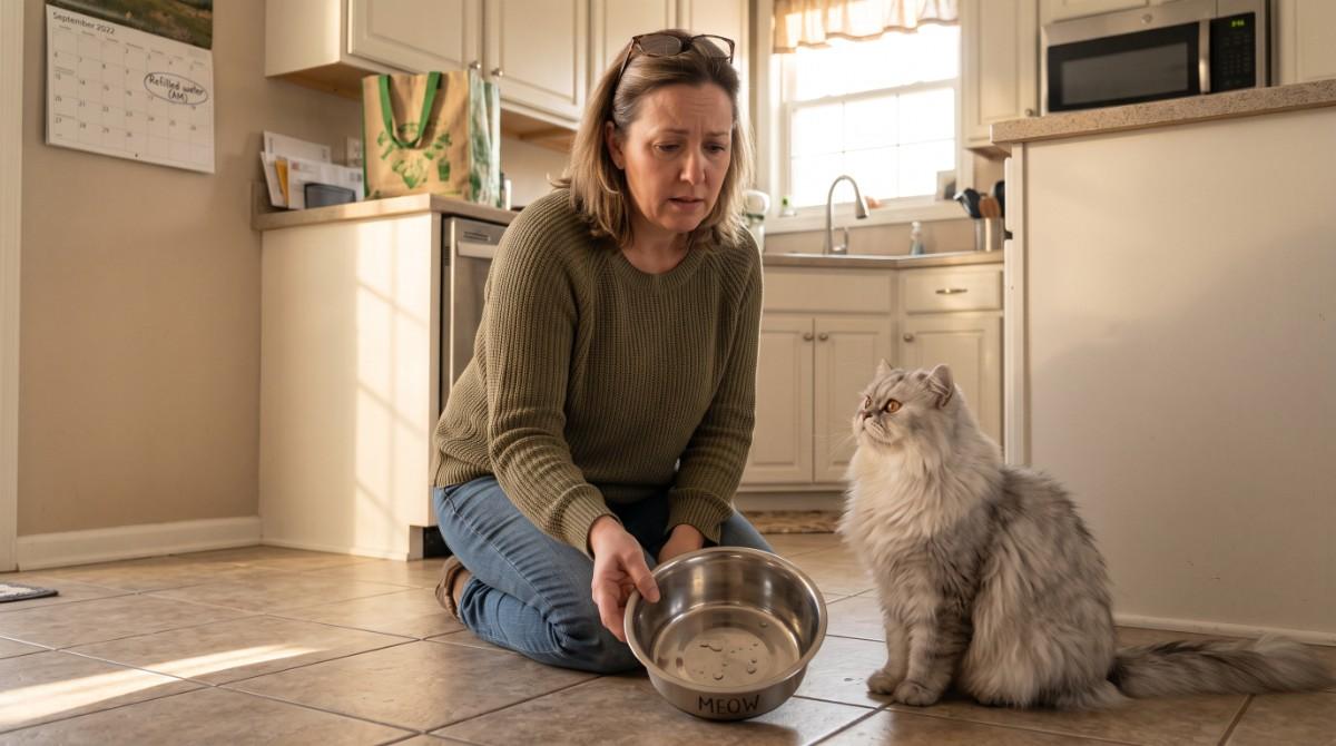 **Alt Text (with keyword):** *A concerned cat owner holds an empty water bowl while a fluffy gray cat sits on the kitchen floor, illustrating **Cat Drinking Too Much Water** and the importance of monitoring excessive thirst in cats.*