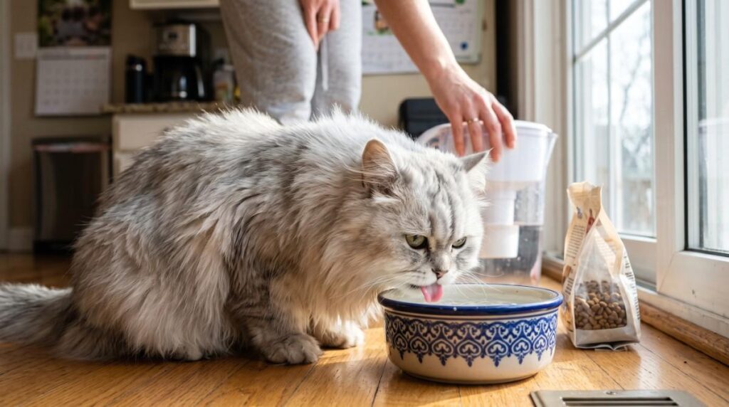 *A fluffy gray cat drinks from a ceramic water bowl near a window while its owner refills a water filter in the background, highlighting **Cat Drinking Too Much Water** and the importance of monitoring a cat's hydration habits.*
