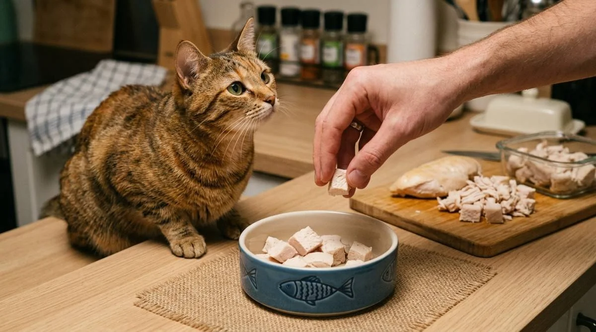 A curious tabby cat watches as a person places fresh, cooked chicken pieces into a food bowl on a kitchen counter, illustrating a safe way to serve chicken to cats.