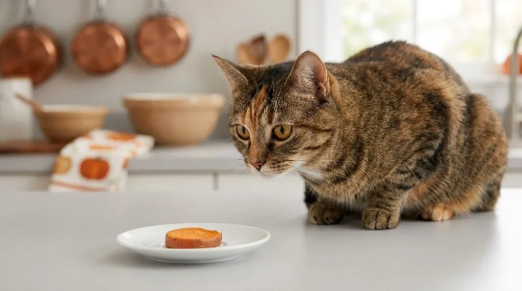 Can Cats Eat Sweet Potatoes? A curious tabby cat closely sniffs a slice of cooked sweet potato on a white plate in a bright kitchen, illustrating whether sweet potatoes are safe for cats.