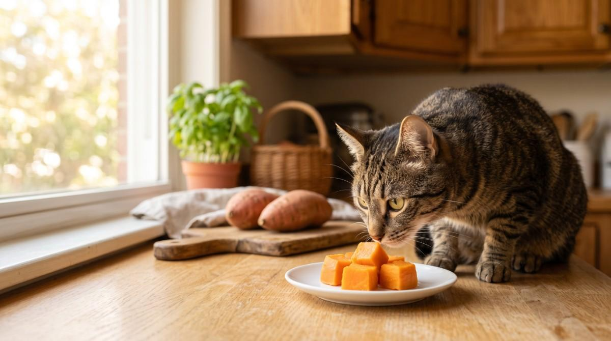 Can Cats Eat Sweet Potatoes: A curious tabby cat sniffing plain cooked sweet potato cubes on a white plate in a cozy kitchen, with fresh sweet potatoes on a wooden cutting board in the background.