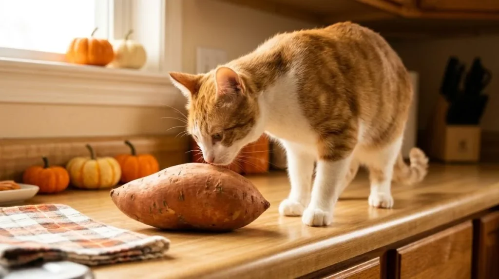 Can Cats Eat Sweet Potatoes: An orange-and-white cat curiously sniffing a whole raw sweet potato on a wooden kitchen counter, with pumpkins and warm autumn decor in the background.