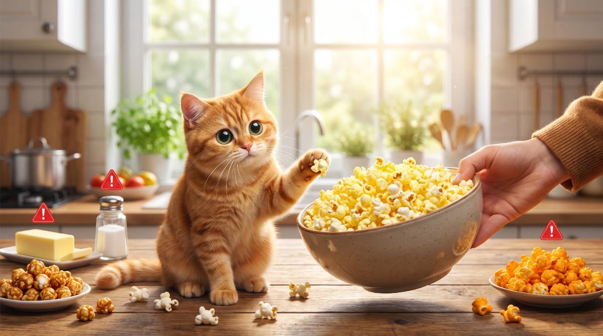 An inquisitive orange ginger cat in a kitchen, paws at a bowl of popcorn, highlighting the common question "can cats eat popcorn?". While popcorn itself is a grain and mostly empty calories for a carnivore, the image uses distinct red warning icons over specific ingredients that are dangerous, namely "butter" and "salt", shown alongside different flavors including cheese and caramel corn. The scene visualizes the message that while plain, air-popped popcorn is not toxic, the oils, fats, and seasonings typically found on popcorn make it bad for feline health and digestion.