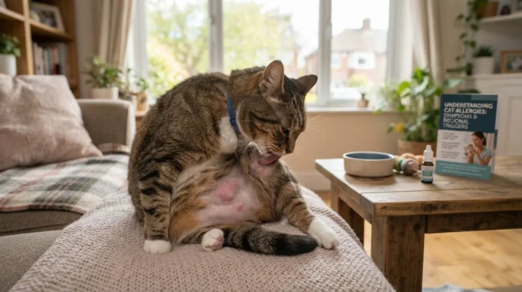 "Cat Allergy Symptoms: A tabby cat licking an irritated belly with visible hair loss and red skin, illustrating common signs of feline allergies in a comfortable home environment."