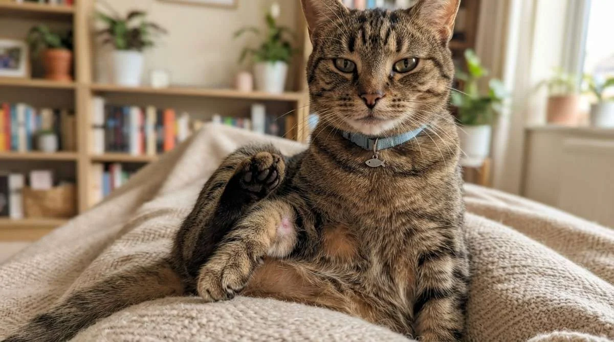 "Cat Allergy Symptoms: A tabby cat sitting on a bed with its hind leg raised, showing irritated skin while indoors in a cozy home environment."