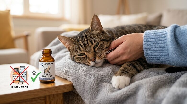 A relaxed tabby cat lies on a soft blanket while being gently petted, with a bottle of veterinary feline pain medication beside it and a warning graphic showing that human pain medicines should never be given to cats.