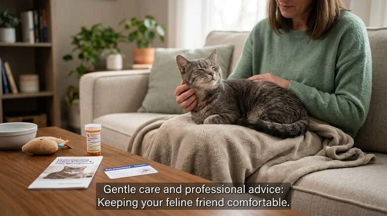 A gray tabby cat relaxes on its owner's lap while receiving gentle petting at home, with veterinary medication and care guides nearby, illustrating safe pain relief for cats and compassionate home care.