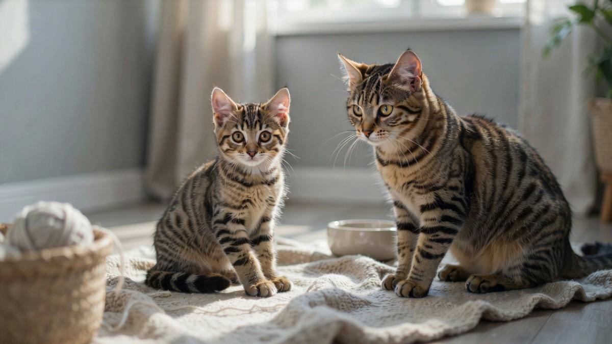 A striped kitten sits beside an adult tabby cat on a soft blanket in a bright, sunlit room, showing the difference in size and development. This image helps explain when do cats growing from kitten to adult.