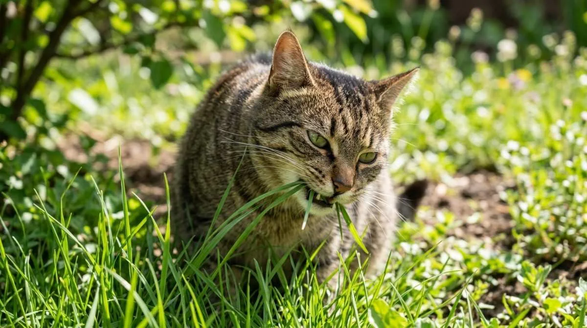Why Do Cats Eat Grass: A tabby cat eating fresh green grass outdoors in a sunny garden, showing a common natural behavior that supports digestion and helps with hairballs."