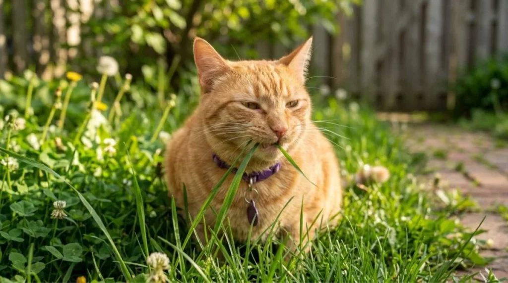 "Why Do Cats Eat Grass: An orange tabby cat chewing fresh green grass in a sunny backyard, demonstrating a natural feline behavior that may support digestion and help reduce hairballs."