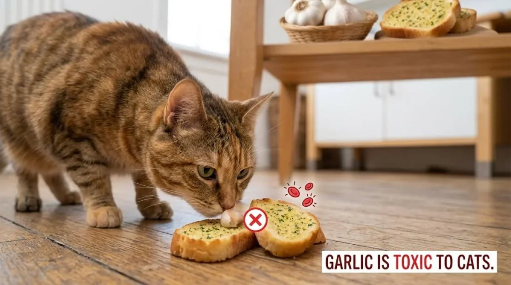 Can cats eat garlic? A tabby cat sniffs garlic bread and a garlic clove on a wooden floor, with a warning that garlic is toxic to cats and can cause serious health problems.
