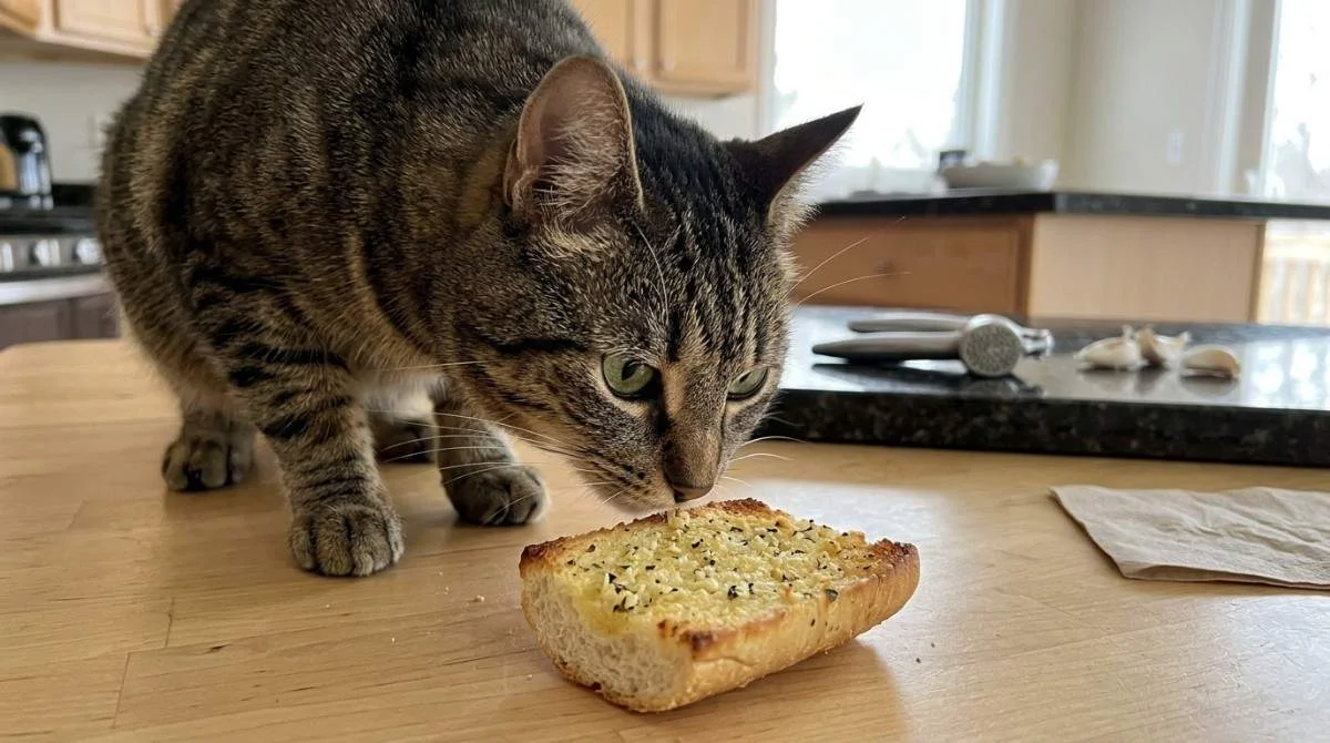 A curious tabby cat sniffing a slice of garlic bread on a kitchen counter, illustrating why garlic is toxic and unsafe for cats.
