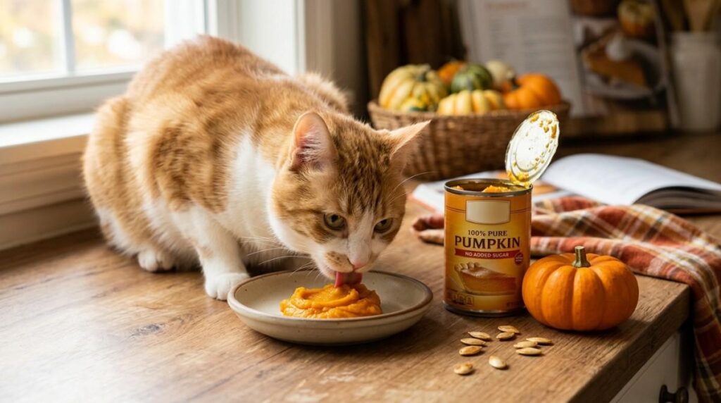 Orange-and-white cat eating plain canned pumpkin from a plate on a wooden table, with a pumpkin and an open can of 100% pure pumpkin nearby.
