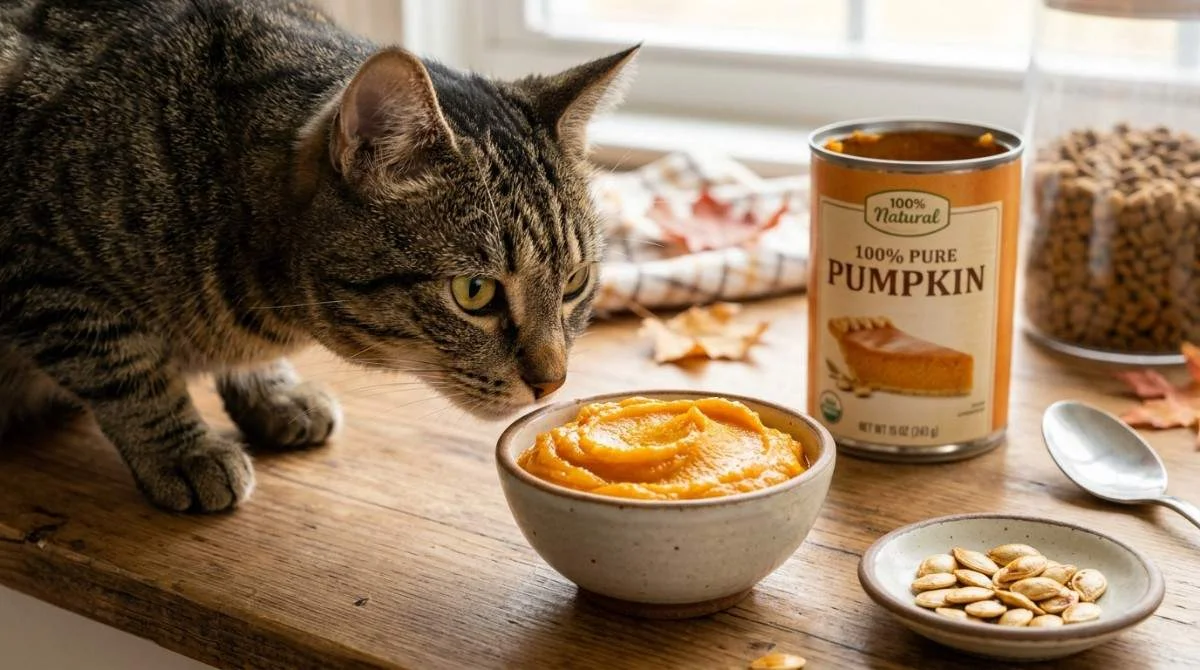 Can Cats Eat Pumpkin – A tabby cat sniffing a bowl of pure pumpkin puree on a wooden table beside a can of 100% pure pumpkin, illustrating that plain pumpkin can be a safe treat for cats.