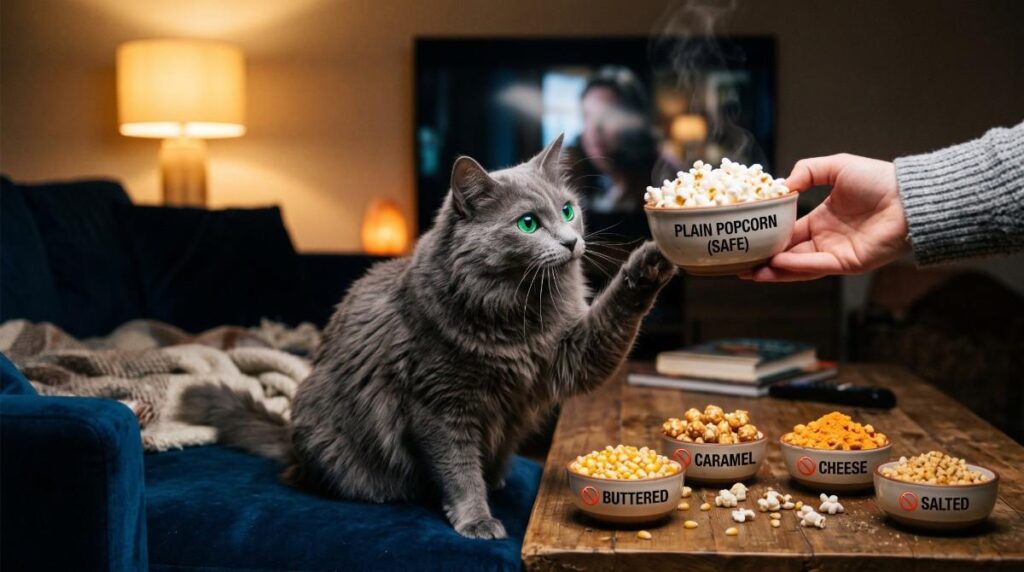 "A fluffy gray cat reaching toward a bowl of plain popcorn held by a person to show can cats eat popcorn, while bowls of flavored popcorn like caramel, cheese, and buttered sit marked as unsafe on the table."