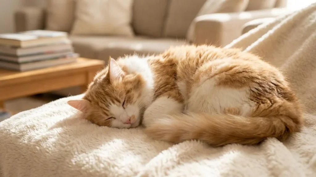 "How Long Do Cats Sleep: A fluffy orange and white cat peacefully sleeping on a soft blanket in a cozy living room, showing the long daily sleep habits of healthy domestic cats."
