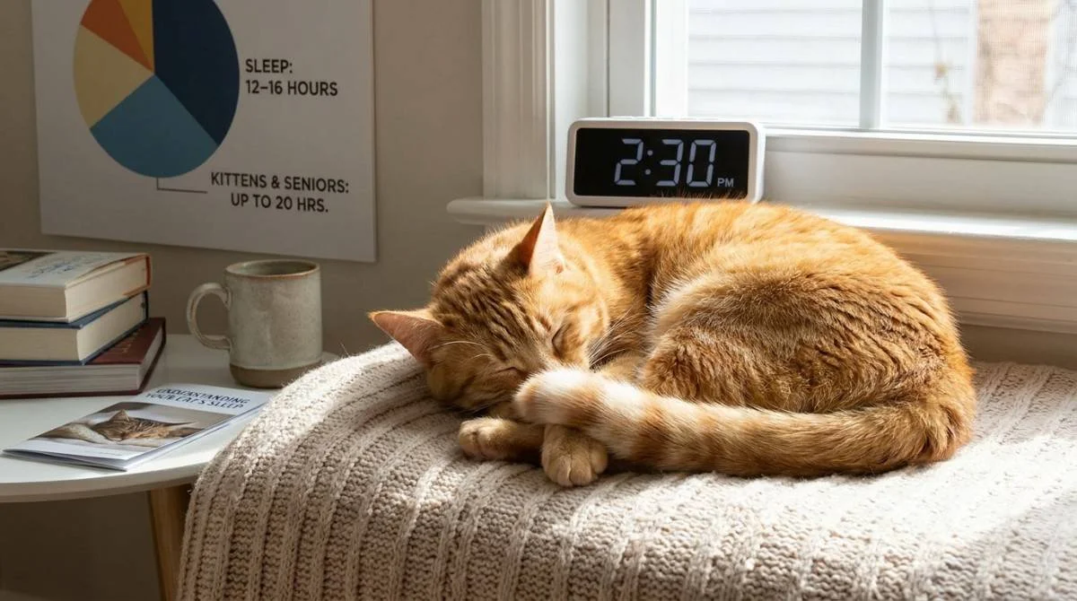 "How Long Do Cats Sleep: A ginger cat peacefully sleeping on a cozy blanket by a sunny window, illustrating that adult cats typically sleep 12–16 hours a day, while kittens and senior cats may sleep up to 20 hours."