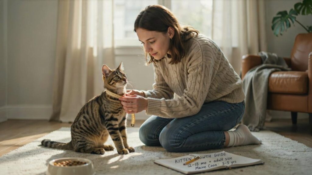 A person gently measures a tabby cat with a measuring tape while kneeling on a rug in a bright living room, illustrating when do cats growing and how to track a cat's growth from kitten to adulthood.
